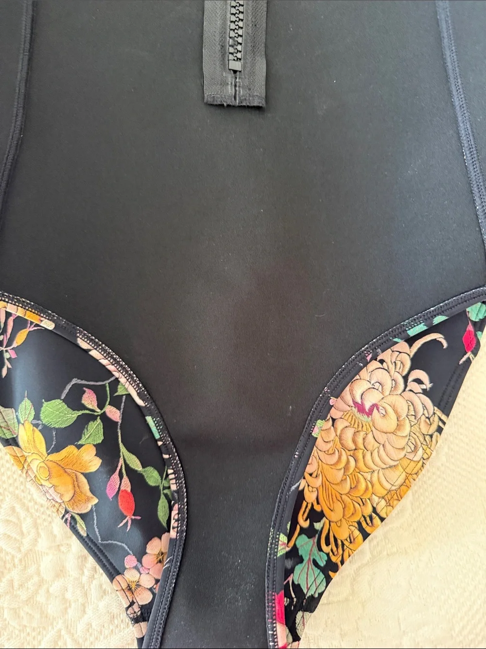 Johnny Was Black Floral Zip-Front neoprene wetsuit  with Pink & Yellow Accents